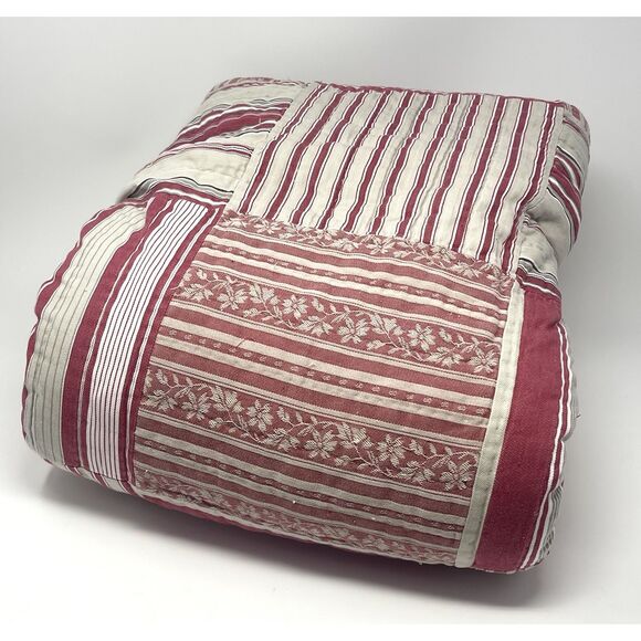 Pottery Barn Twin Patchwork Cotton Quilt Red Cream Beige Ticking Stripes - Picture 1 of 6